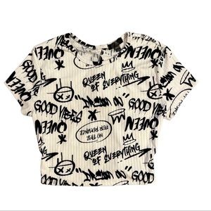 Faded Rose Y2K Vibes Open Back Graffiti Crop Top Small